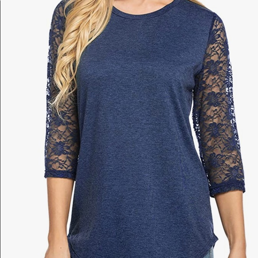 Blue tunic length top with lace sleeves